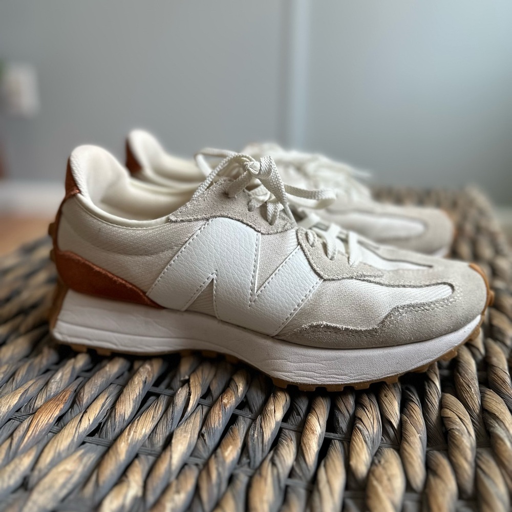 New Balance White and Tan 327 Leather Low-Top Sneakers